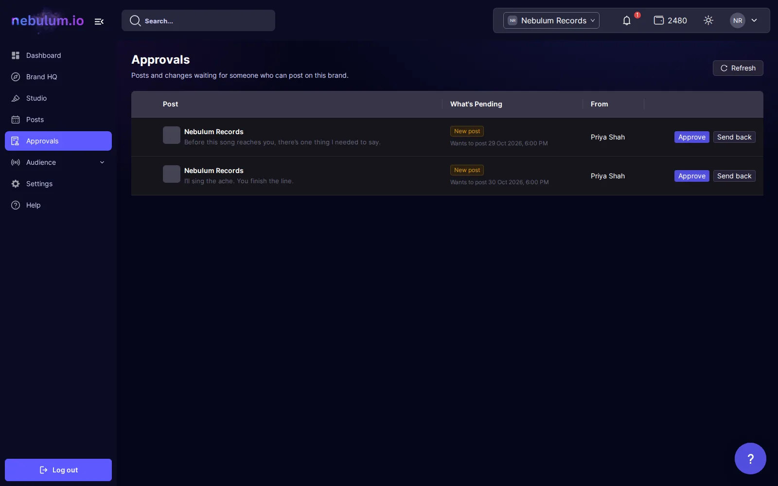 The Approvals page with two new posts from a contributor, each with Approve and Send back