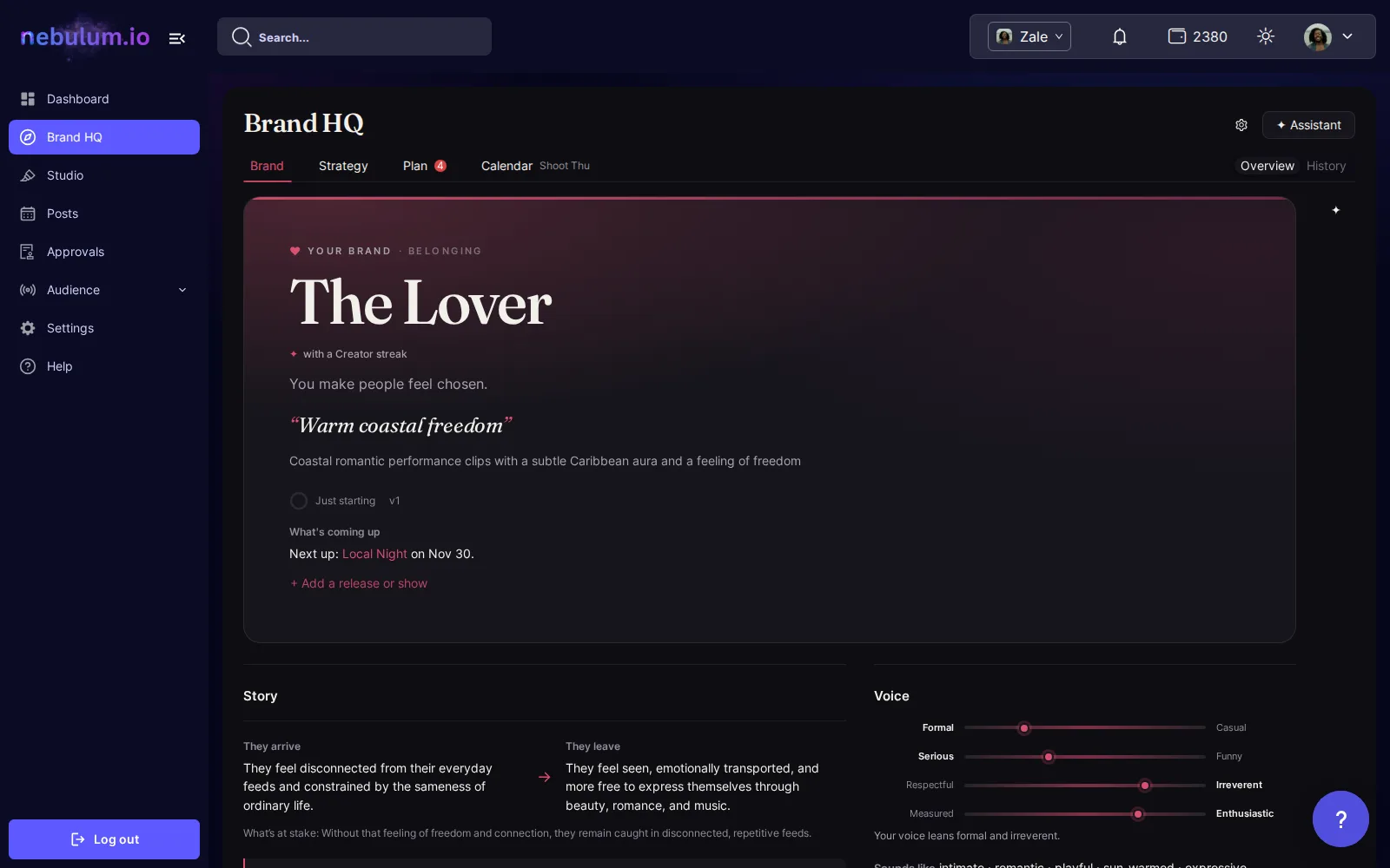 Brand HQ on the Brand tab: the four tabs with Overview and History at their right end, the brand book's hero, and the assistant folded to ✦ on the right