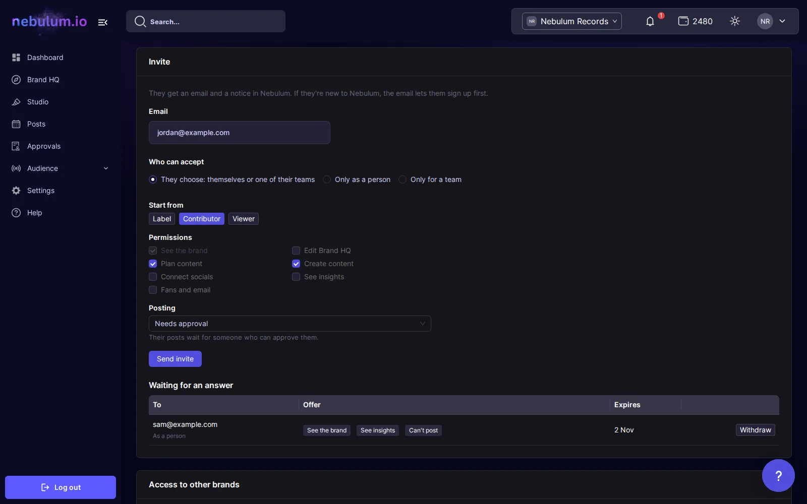 The Invite card: an email filled in, Who can accept, the Label, Contributor and Viewer presets, permissions, Posting set to Needs approval, and an invite waiting for an answer