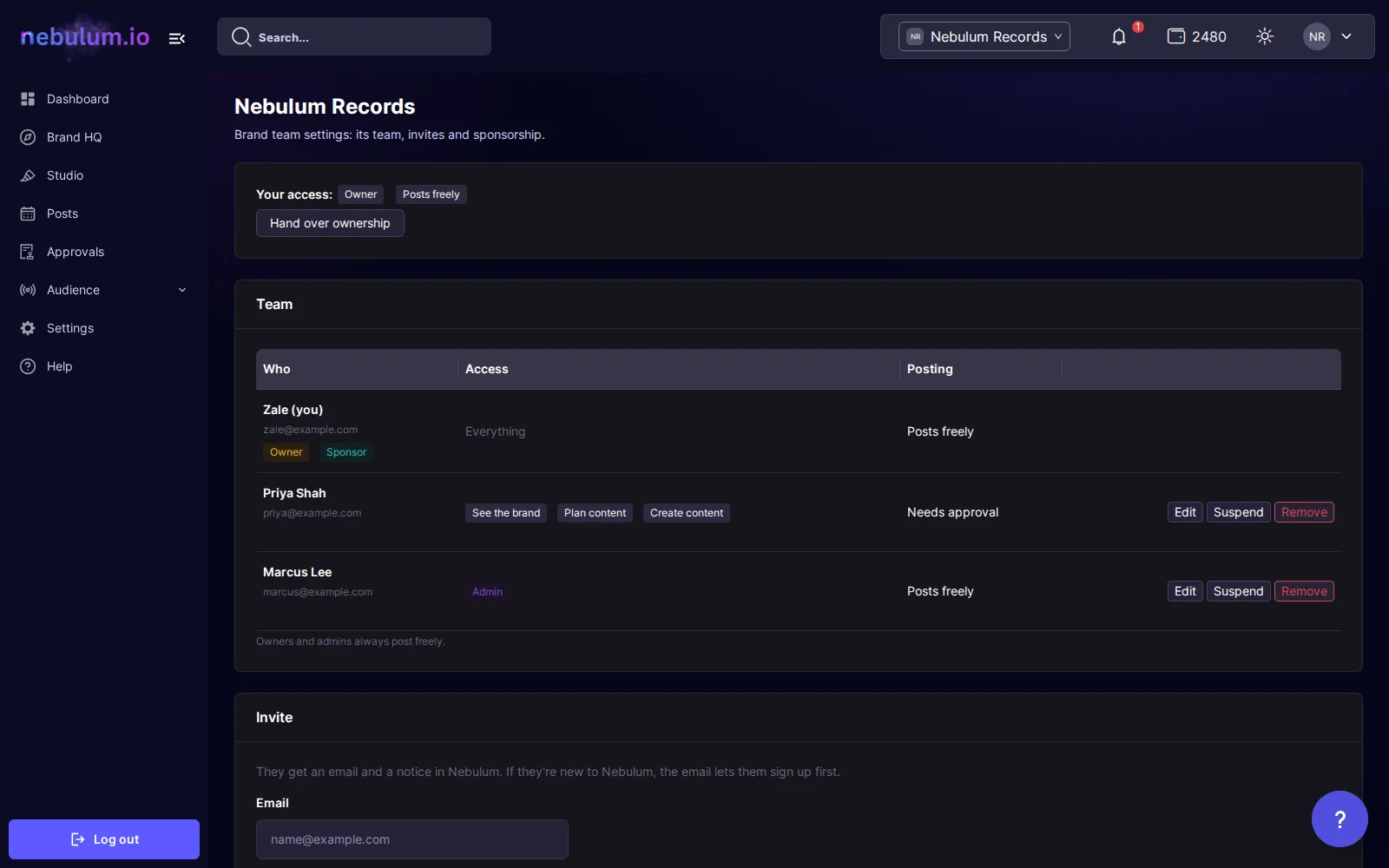 Brand team settings: your access, then the Team table with the owner and sponsor, a contributor who needs approval and an admin, each with Edit, Suspend and Remove