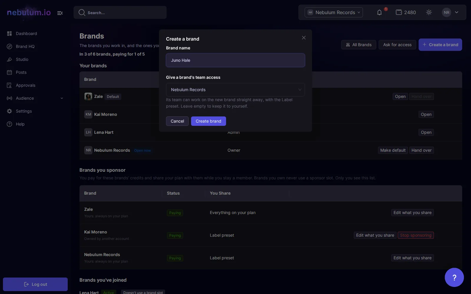 The Create a brand window with a brand name filled in and Nebulum Records chosen under Give a brand's team access