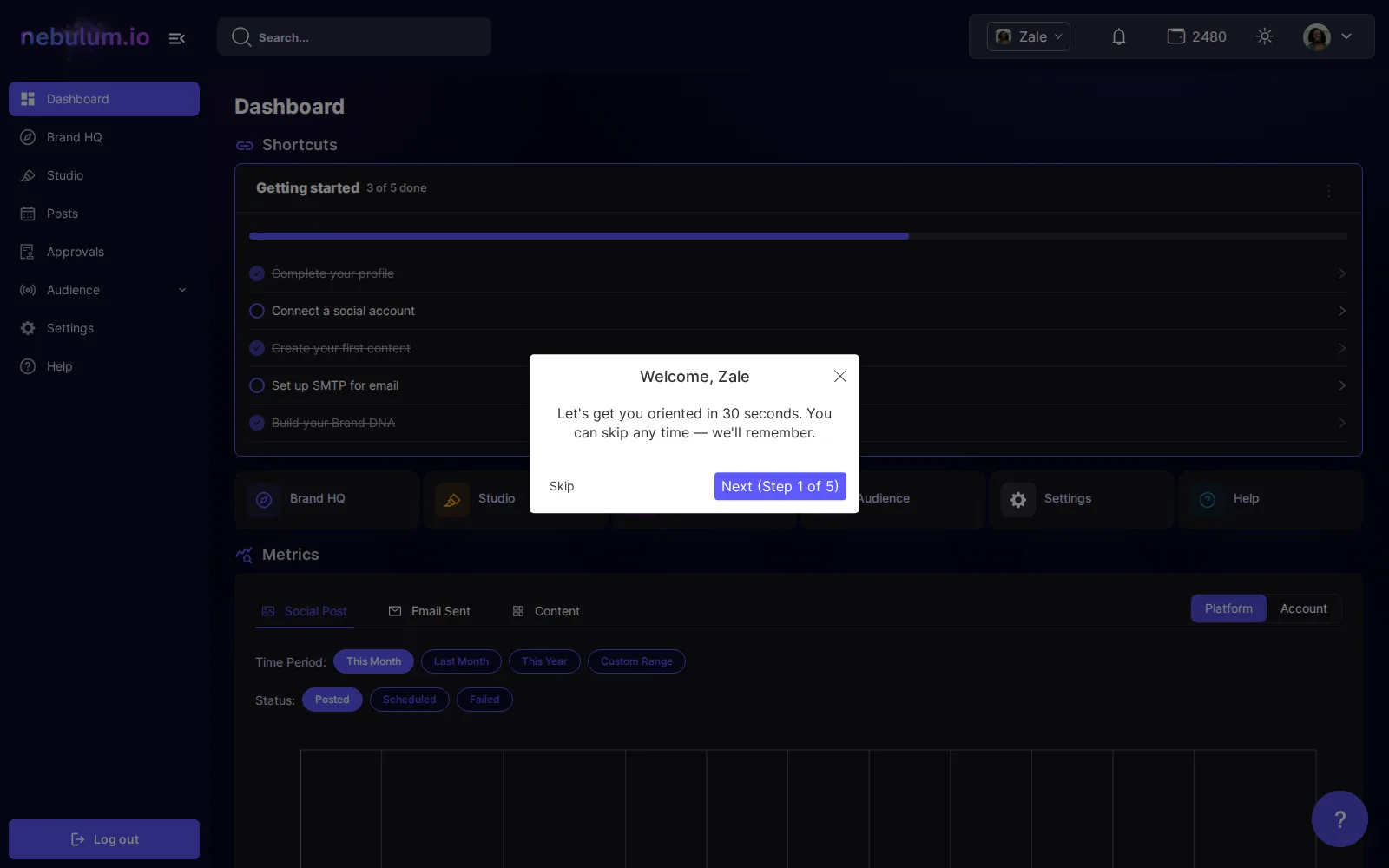 The welcome tour bubble centered over the dashboard with Skip and Next buttons and step progress