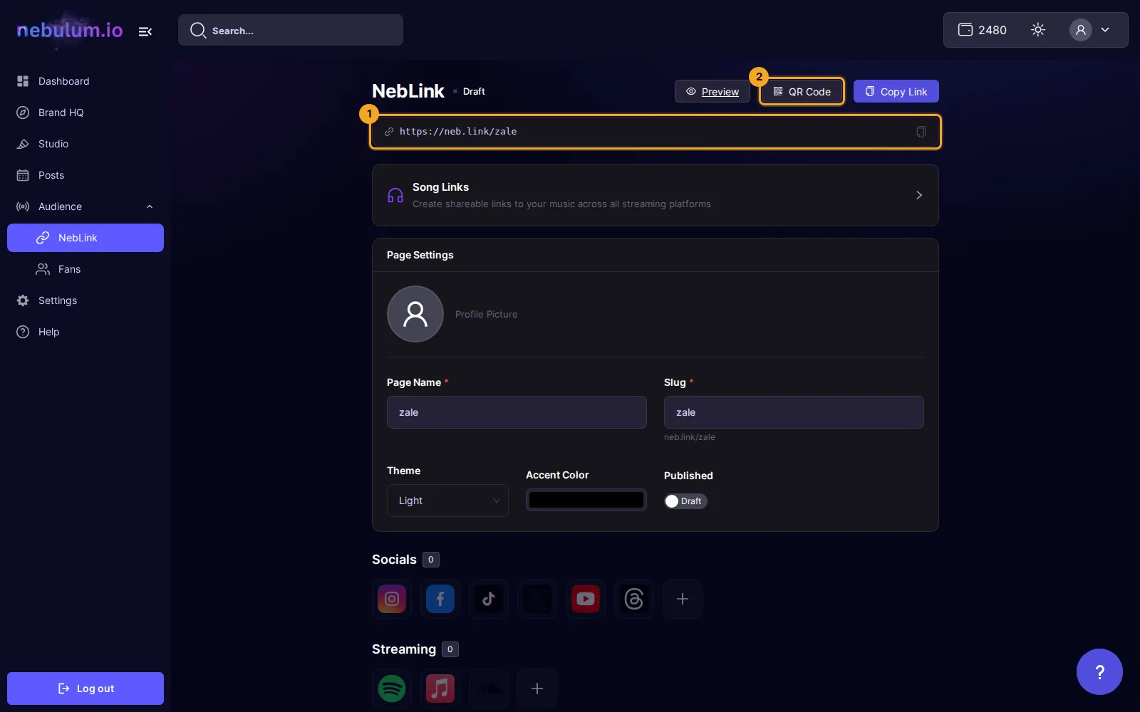The saved NebLink editor showing the Draft status, the Preview, QR Code and Copy Link header buttons, the public neb.link URL bar, and the Page Settings card