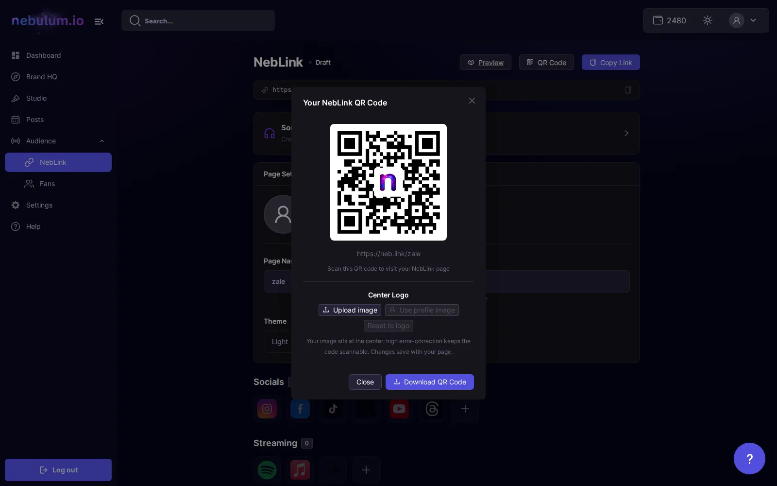 The QR code modal open over the NebLink editor, showing the generated code for the page's public link