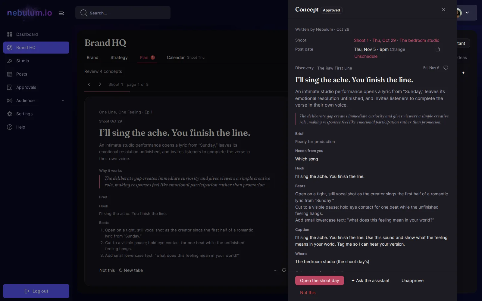 A concept's drawer: its Shoot and Post date, its premise, its Brief, and its next-step button