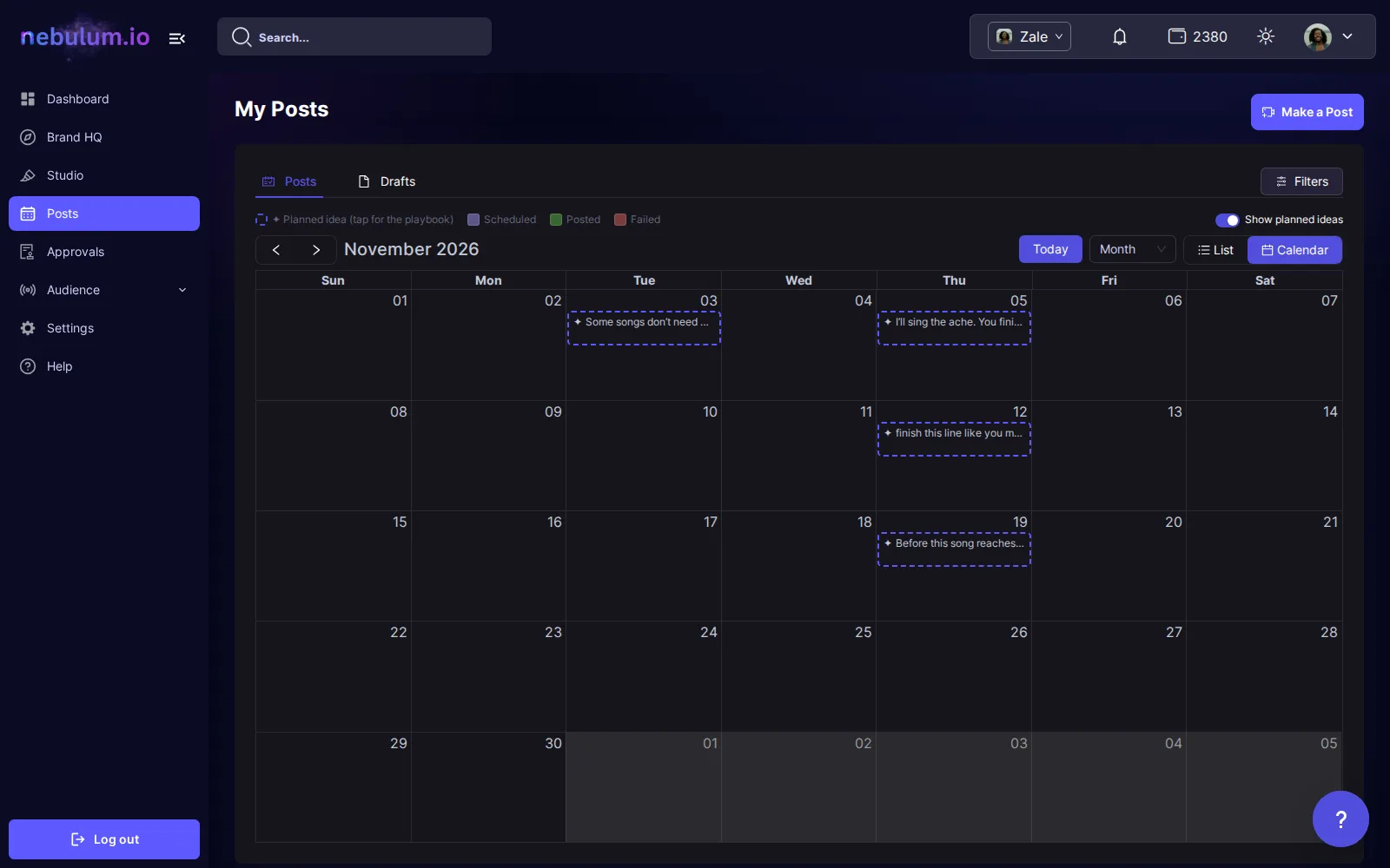 The Posts calendar with Show planned ideas on: ✦ chips from your Brand HQ plan on their post dates