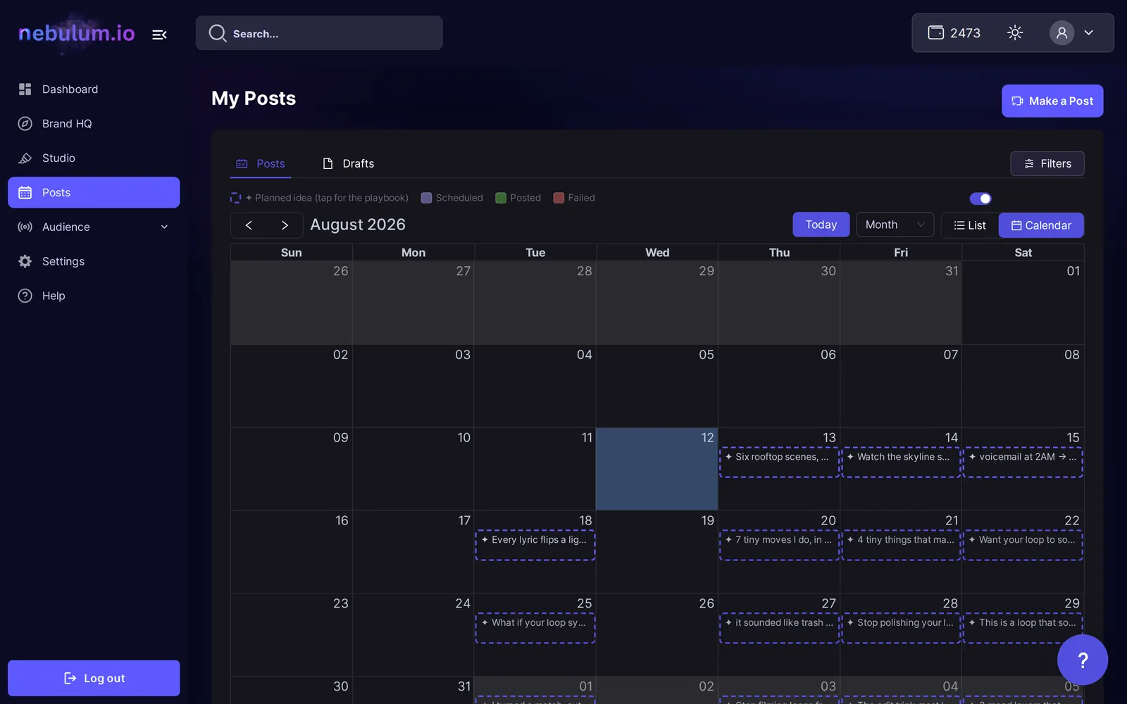 The Posts calendar in Month view with the Today button, previous and next arrows, and the Month/Week/Day/Agenda view dropdown