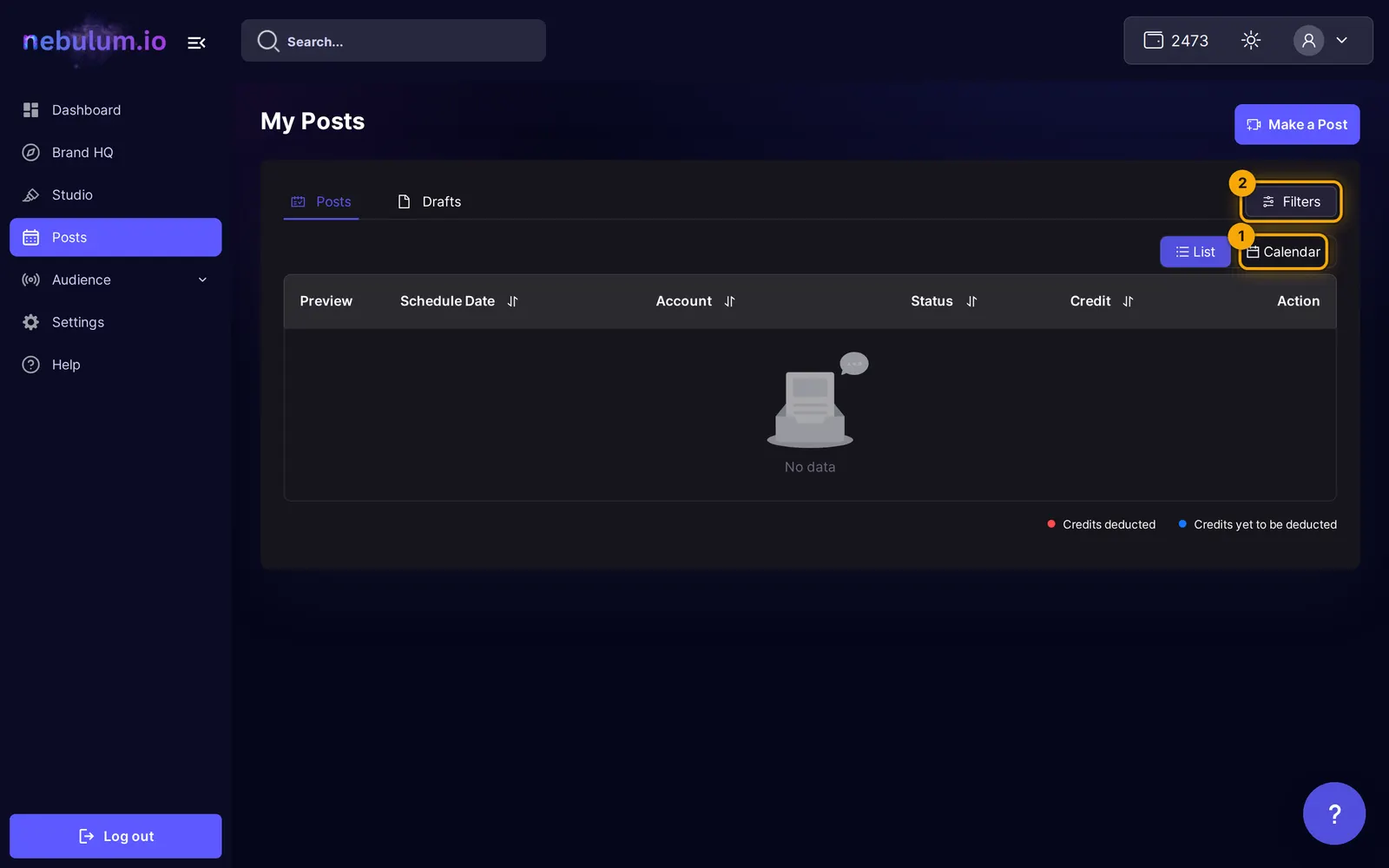 The My Posts page in List view with the Make a Post button, Posts and Drafts tabs, Filters button, and the List/Calendar toggle