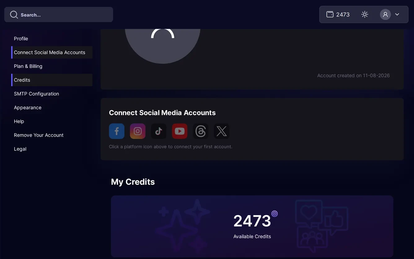 The Connect Social Media Accounts section in Settings with the Facebook, Instagram, TikTok, YouTube, Threads, and X platform icons