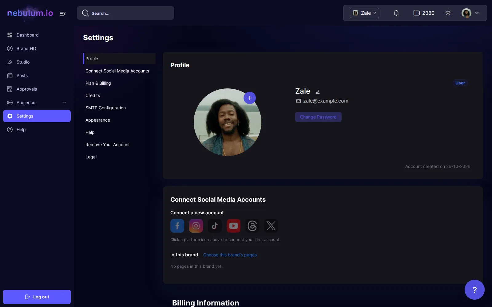 The Profile section at the top of Settings showing the avatar with a round plus upload button, the user's name with a pencil edit icon, their email, and the Change Password button