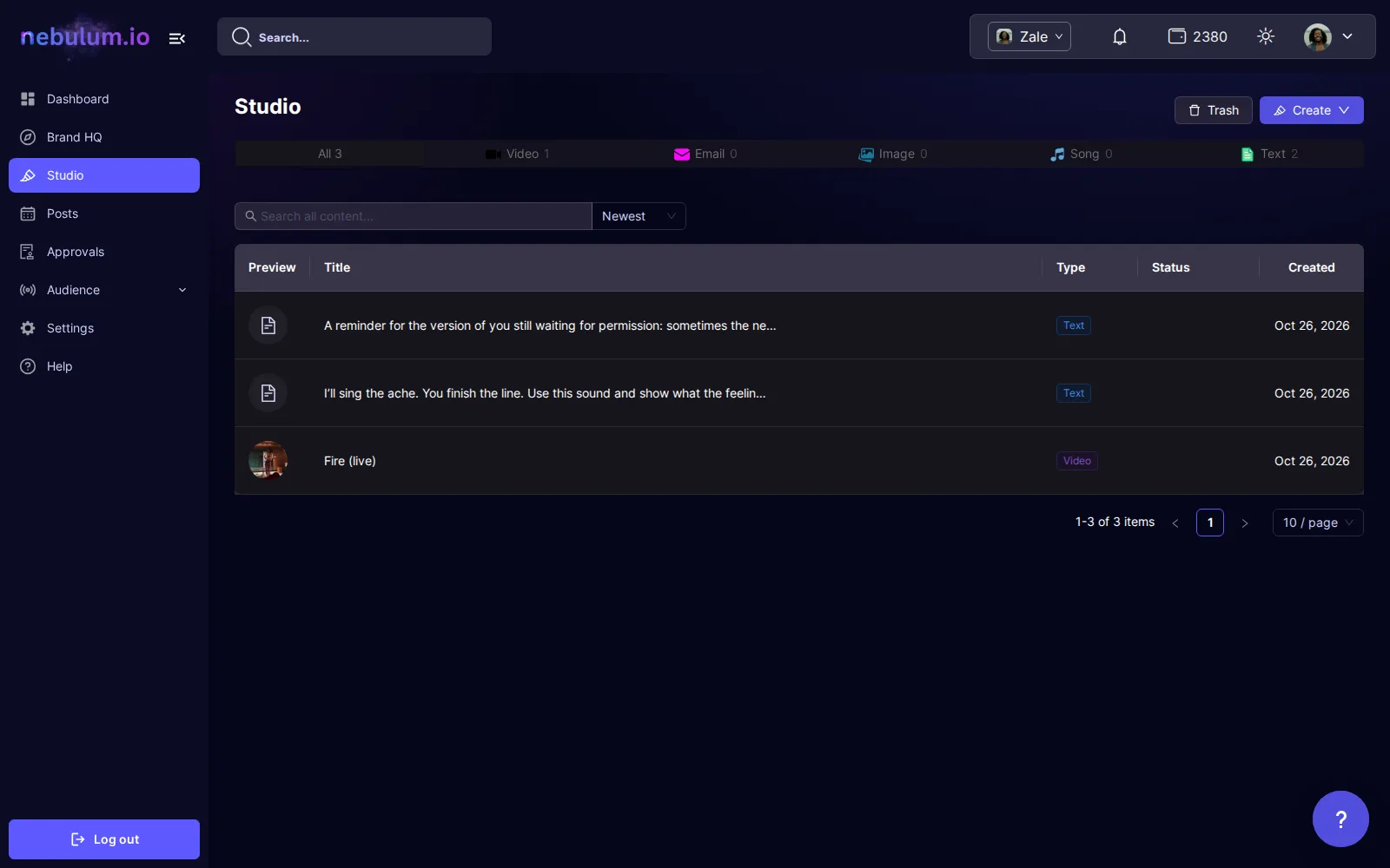The Studio All view: type pills with counts across the top, the Search all content toolbar, and a single table listing every content type with Preview, Title, Type, Status and Created columns.