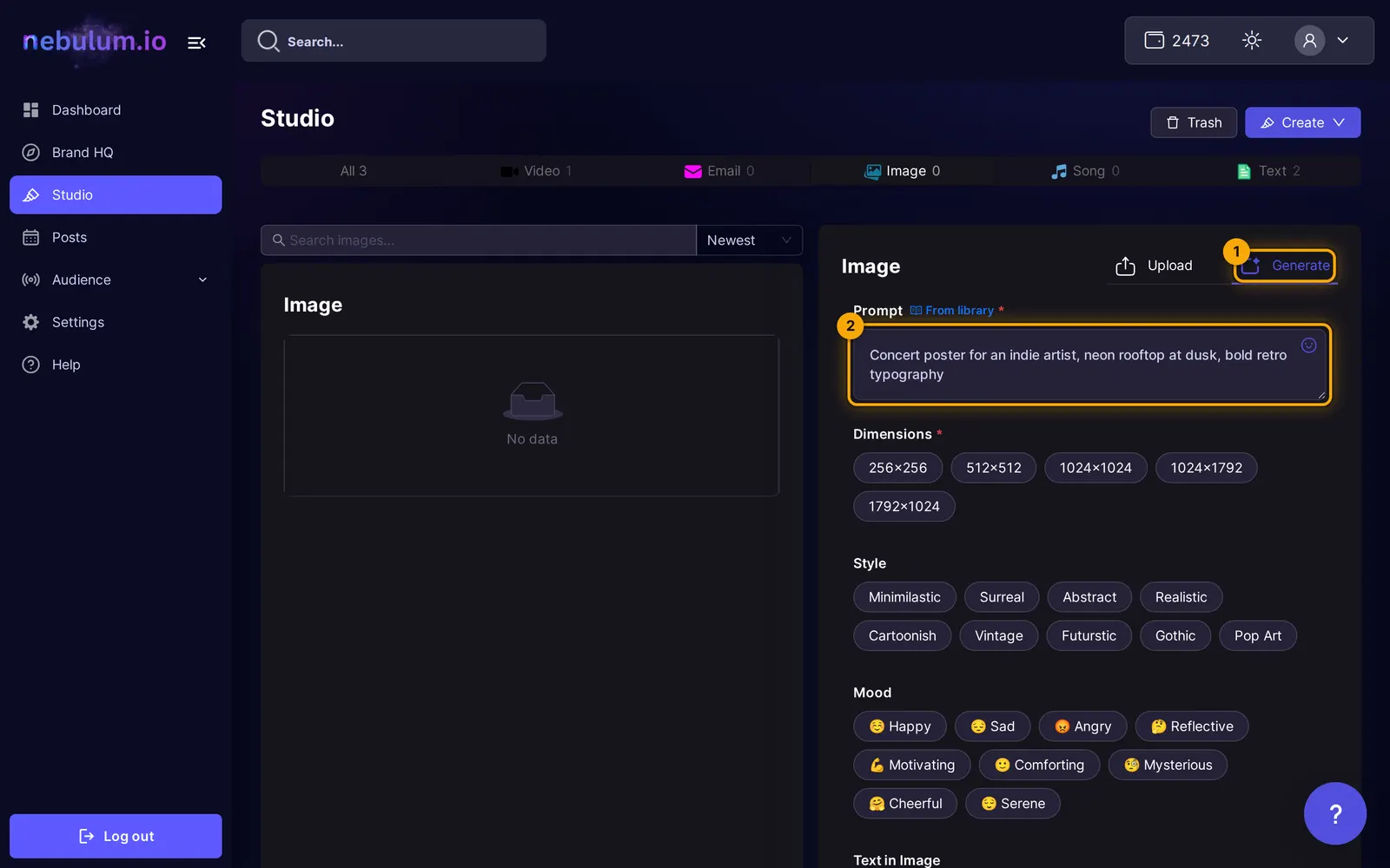 The Image Generate form in Studio with the Prompt box, the Dimensions choices, and the expanded Show more options section revealing Style, Mood and Text in Image.