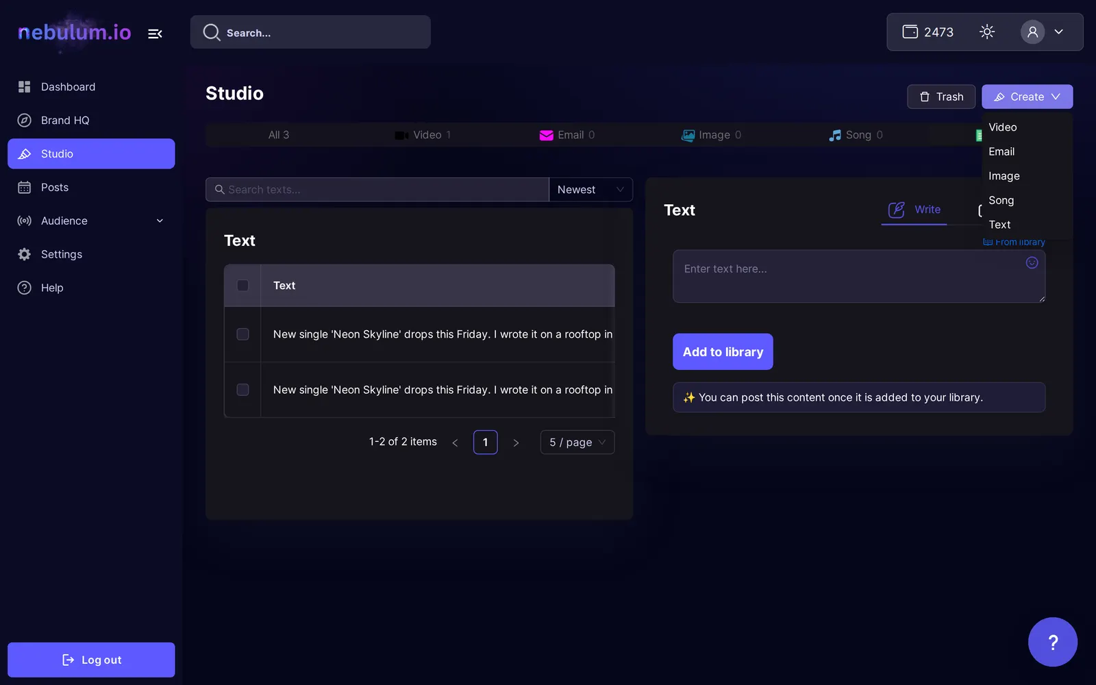 A content row's more menu open in Studio, showing actions such as Download and Delete.
