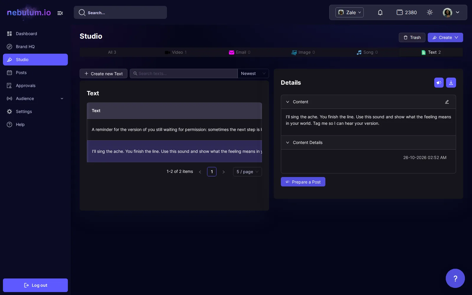 A saved item open in the Studio Details panel with the Prepare a Post and download actions available in the header.