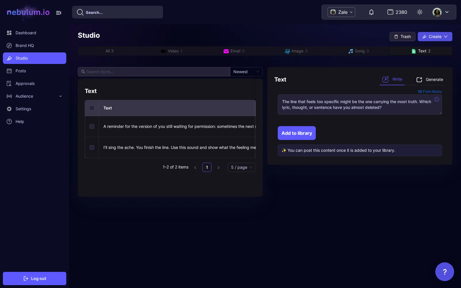 The Text pill's Write tab in Studio with a post typed into the text box and the Add to library button below it.
