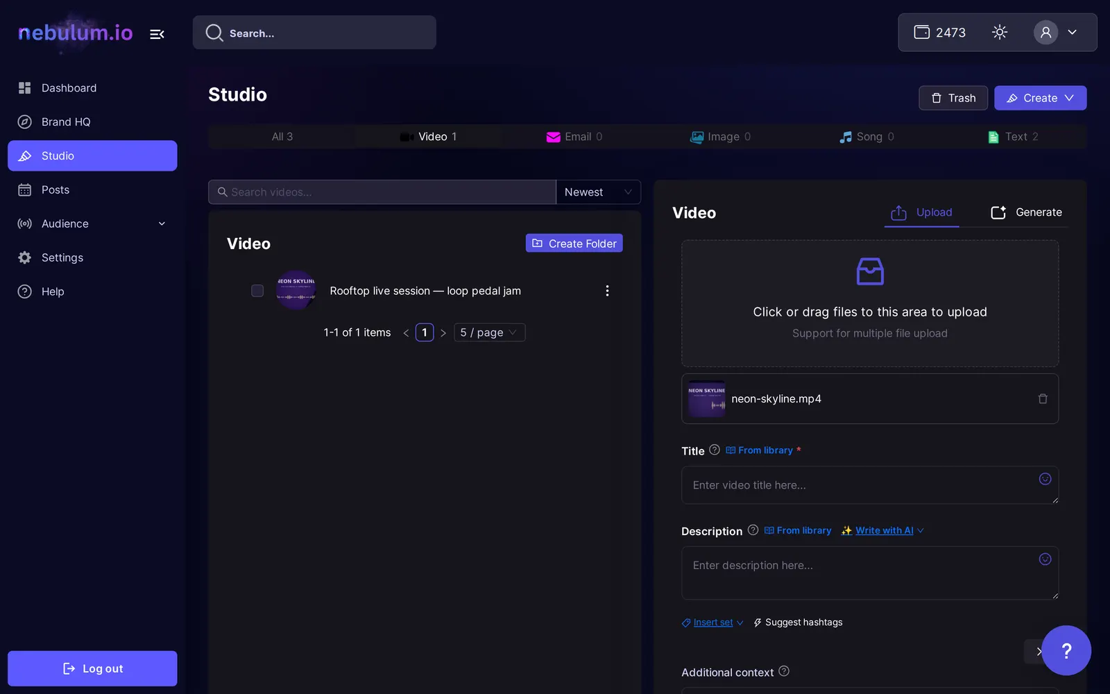 The Advanced Options panel expanded on the upload form, showing the Additional context field with its example placeholder text.