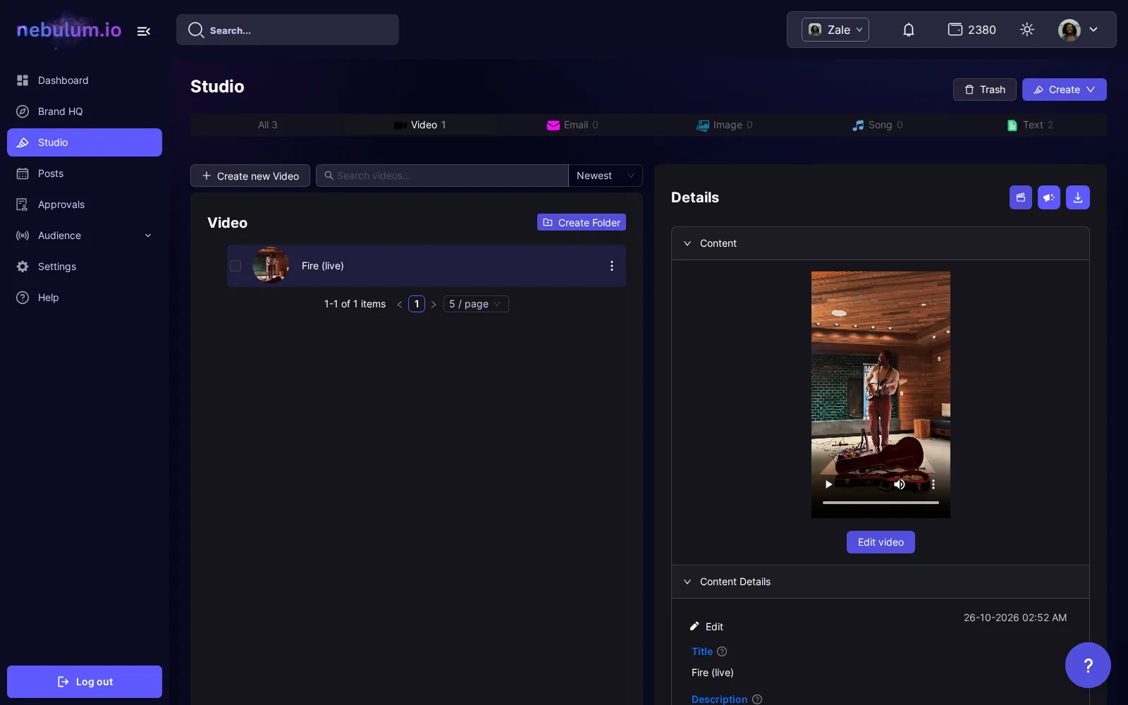 A video selected in Studio: the Details panel on the right shows the video player above the Content Details fields, with action icons in the panel header.