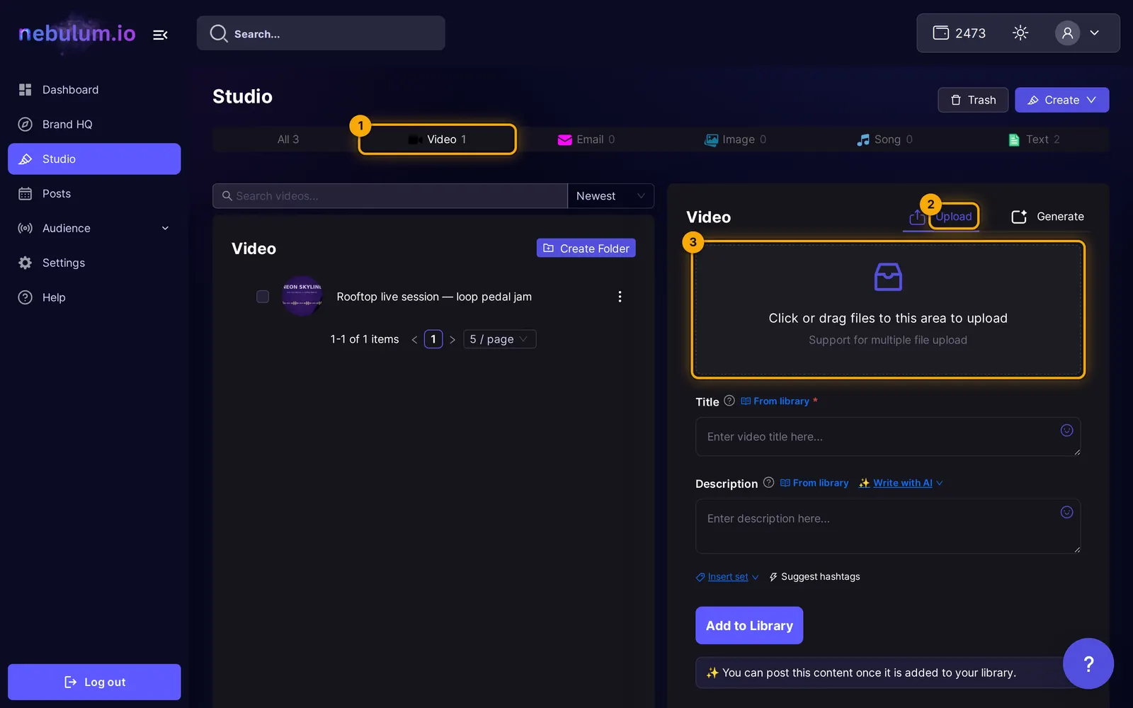 The Studio upload form: the drag-and-drop area reading Click or drag files to this area to upload, the Title and Description fields, the Advanced Options button and the Add to Library button.