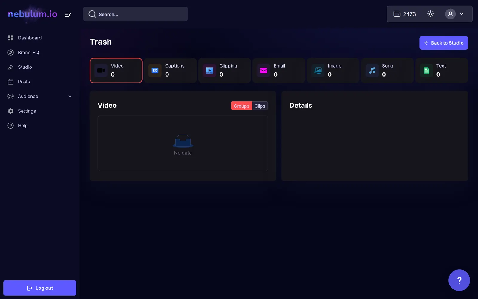The Trash page with content-type cards showing counts of deleted items, reached from the Trash button in the Studio header.