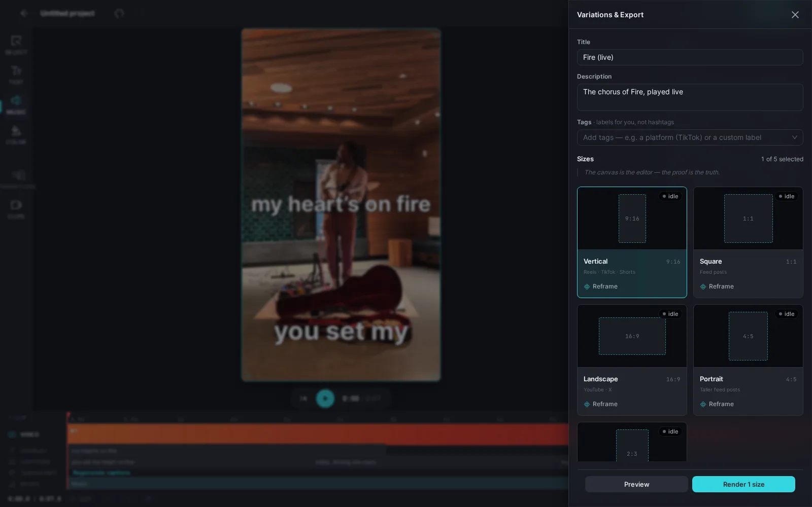 The Variations & Export drawer open over the editor, showing Title, Description and Tags fields, the grid of social size cards with Reframe buttons, and the render footer.