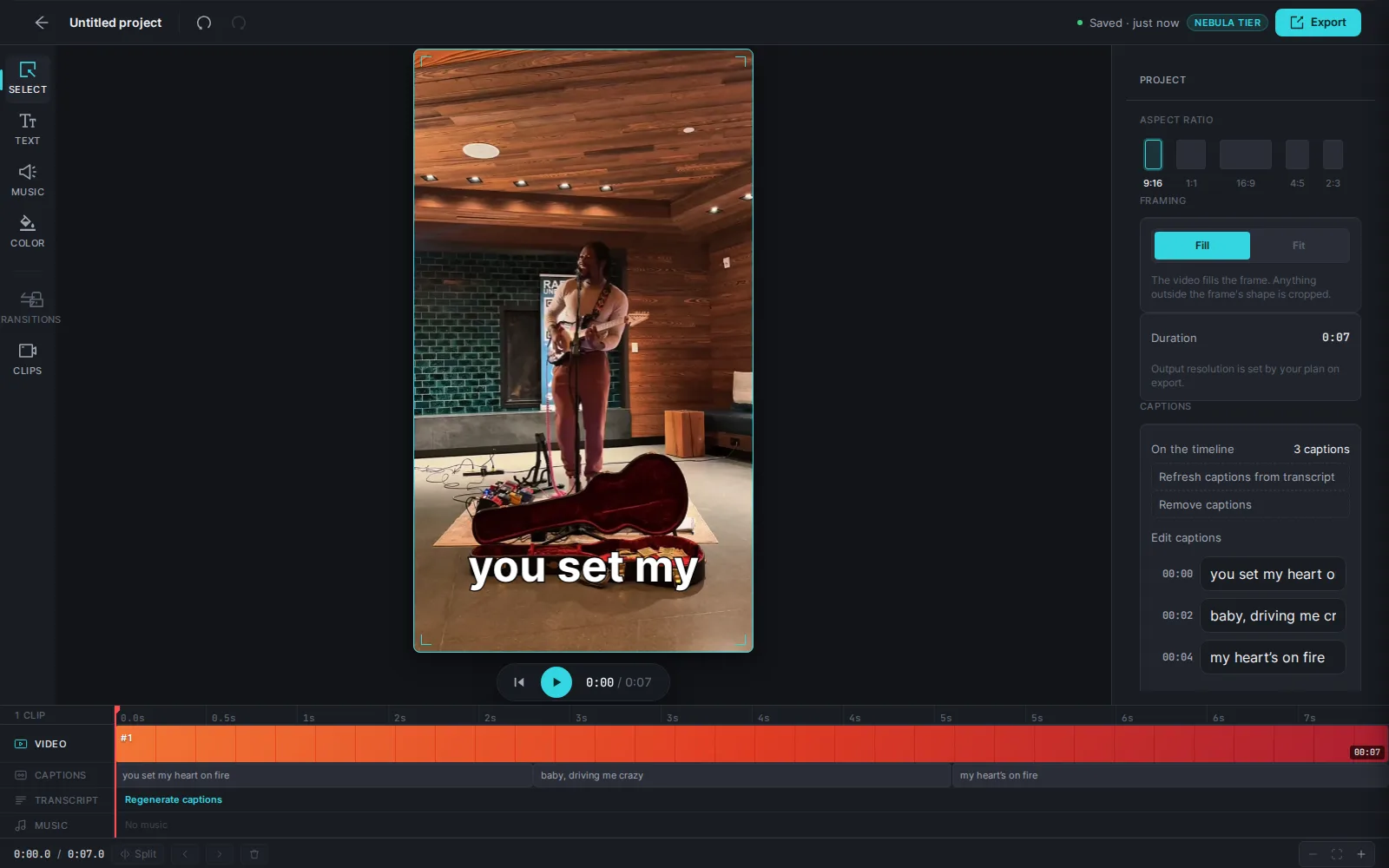 The full-screen video editor: top bar with Undo/Redo and Export, tool rail on the left, video canvas in the middle, Project panel with Aspect ratio chips on the right, and the multi-lane timeline at the bottom with the clip and its captions.