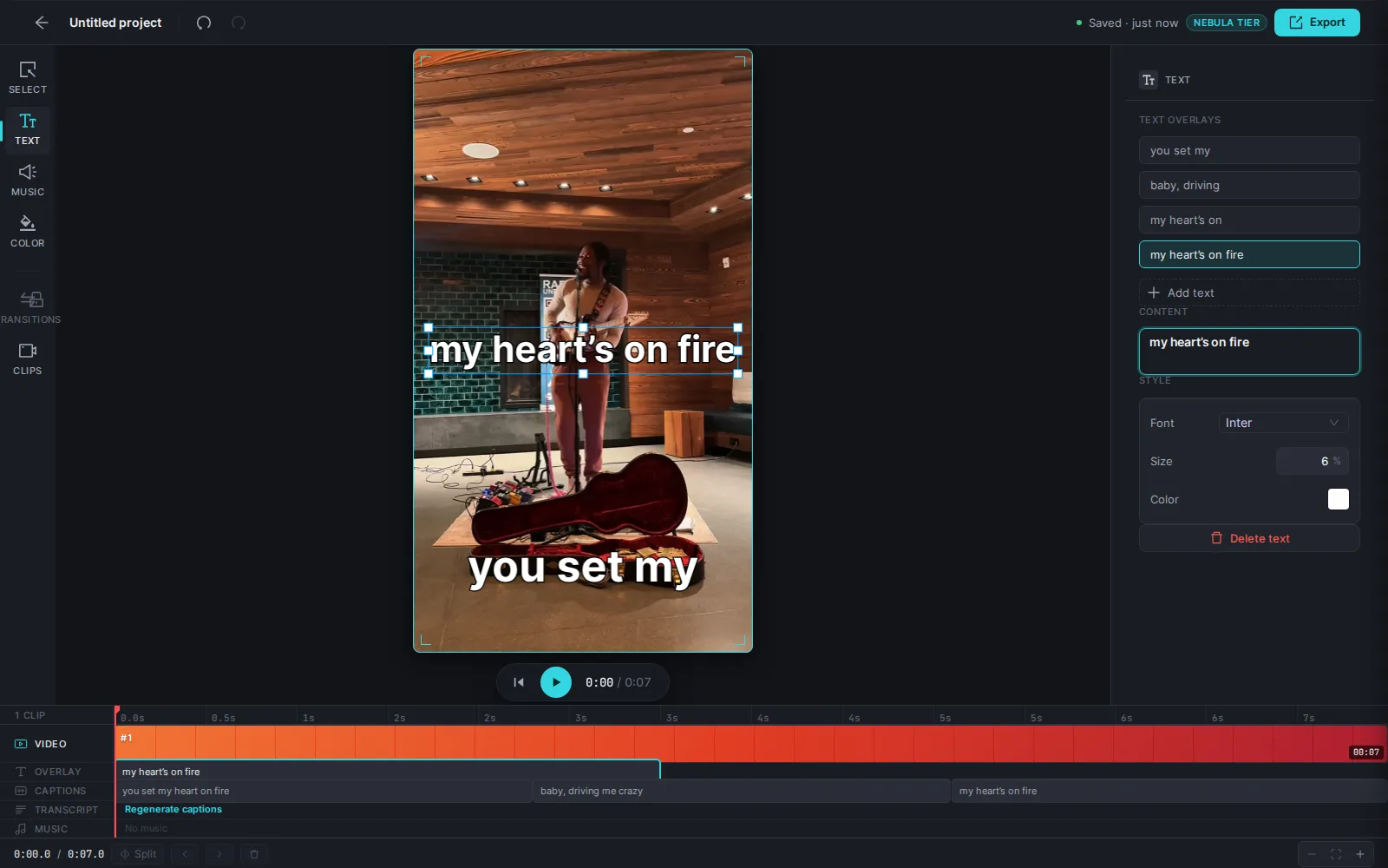 The Text panel open in the editor with a new overlay selected: the Content box and the Font, Size and Color style controls, with the text visible on the video canvas.